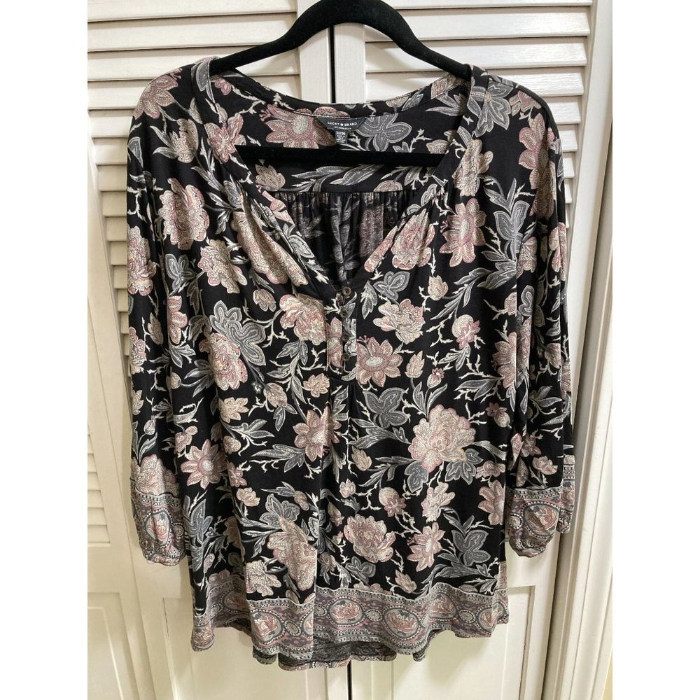 Lucky Brand Boho Knit Pink Paisley Black Tunic Shirt Blouse Comfortable Size 3X